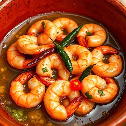 Gambas al ajillo servidas en una cazuela de barro con aceite de oliva, ajo, perejil y guindilla.