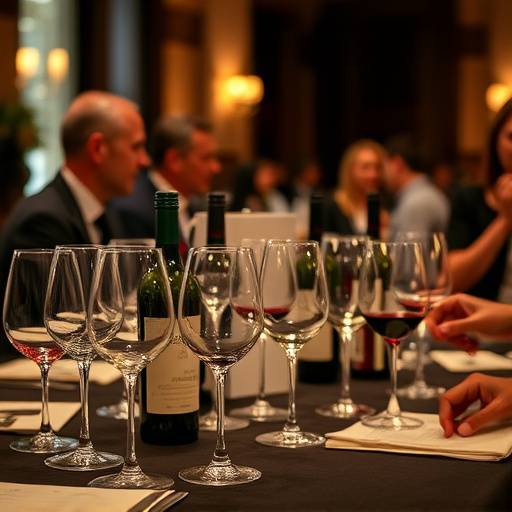 Imagen de una cata de vinos con copas, botellas y expertos explicando las caracter&radic;&ne;sticas de los vinos.