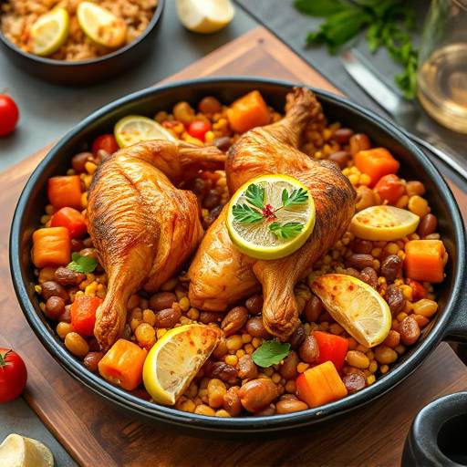 Paella valenciana tradicional servida en una paellera con arroz, pollo, conejo, jud&radic;&ne;as verdes y garrof&radic;&ge;.