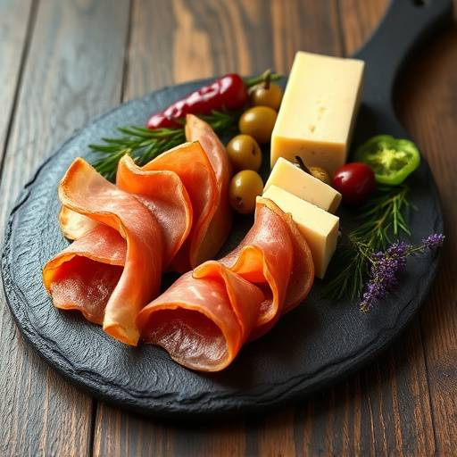 Tapas variadas de jam&radic;&ge;n ib&radic;&copy;rico, queso manchego, aceitunas y pimientos de padr&radic;&ge;n servidas en un plato de pizarra.